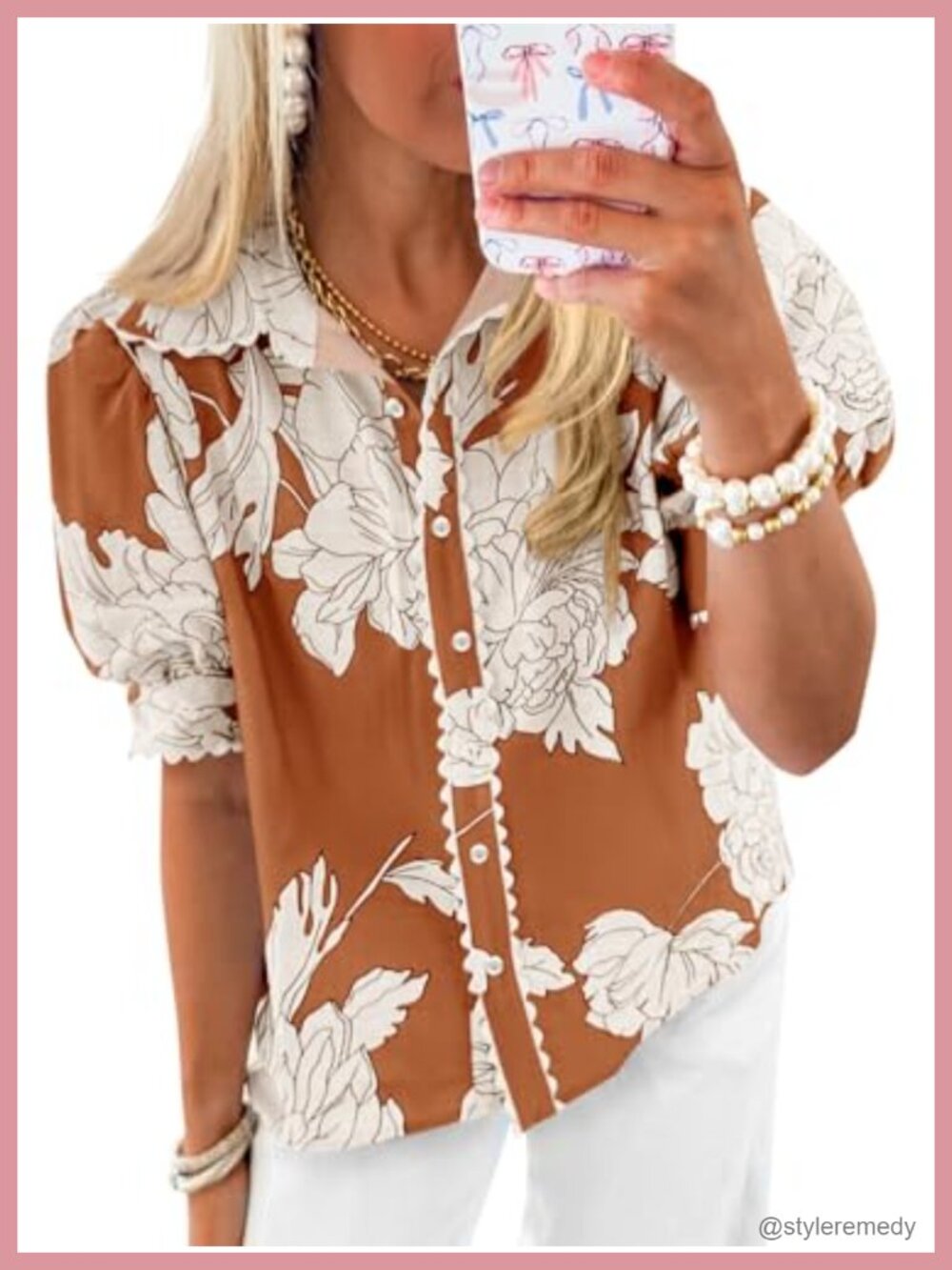 Womens Floral Button Down Blouse Puff Sleeve Loose Fit Summer Top